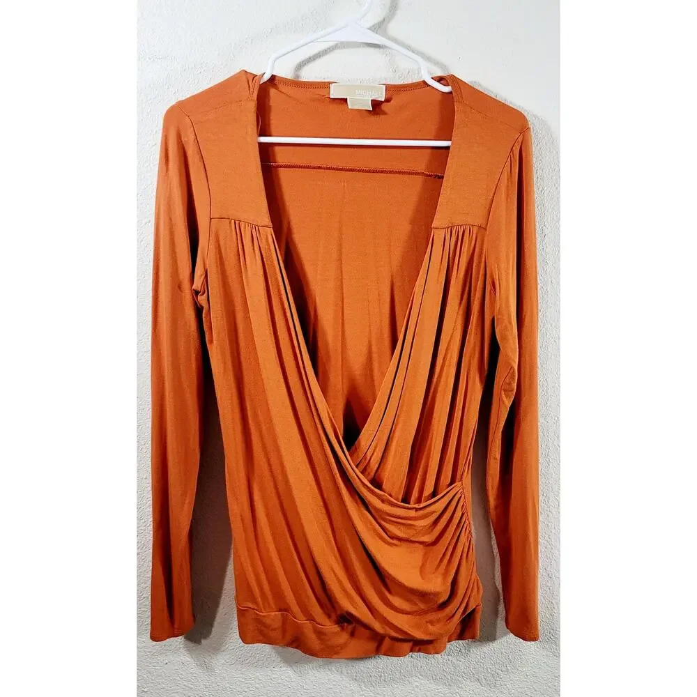 Michael Kors Persimmon Orange Crisscross  Pleated Bodice Top Medium Lightweight